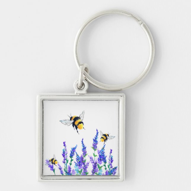 Beautiful Spring Flowers and Bees Flying - Drawing Keychain (Front)