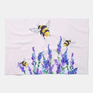 Beautiful Spring Flowers and Bees Flying Drawing Kitchen Towel