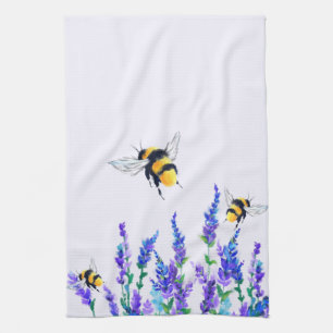 Beautiful Spring Flowers and Bees Flying - Drawing Kitchen Towel