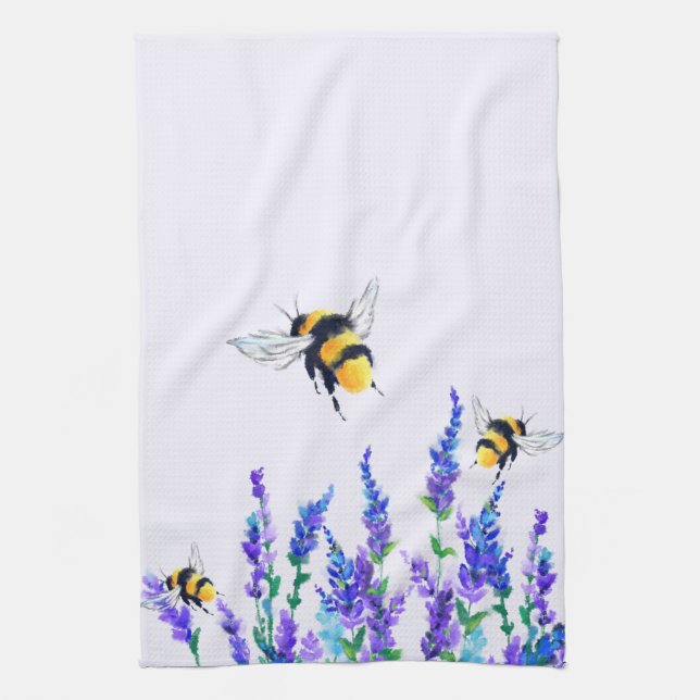 Beautiful Spring Flowers and Bees Flying - Drawing Kitchen Towel (Vertical)
