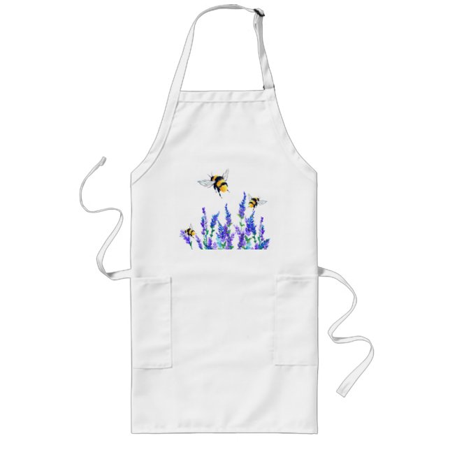 Beautiful Spring Flowers and Bees Flying - Drawing Long Apron (Front)
