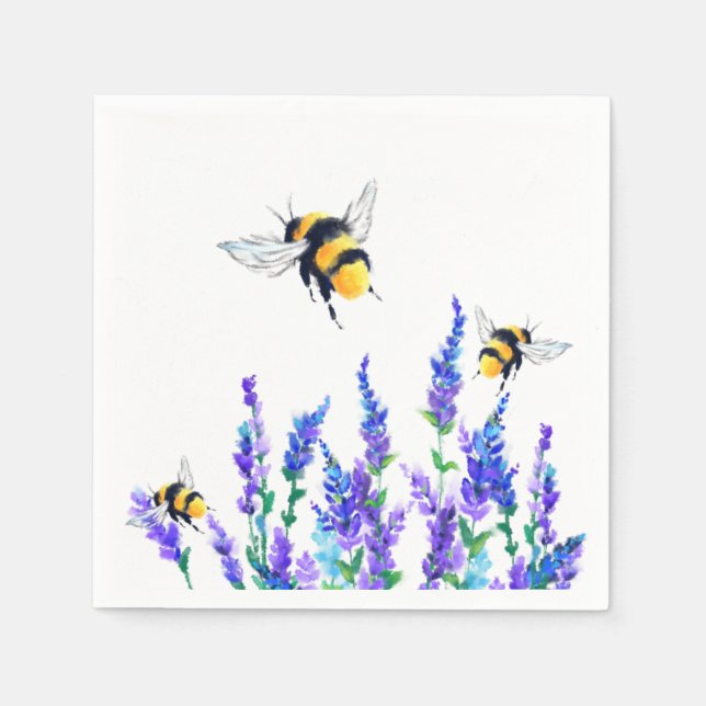 Beautiful Spring Flowers and Bees Flying - Drawing Napkin (Front)
