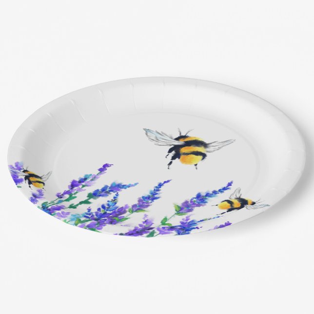 Beautiful Spring Flowers and Bees Flying - Drawing Paper Plate (Angled)