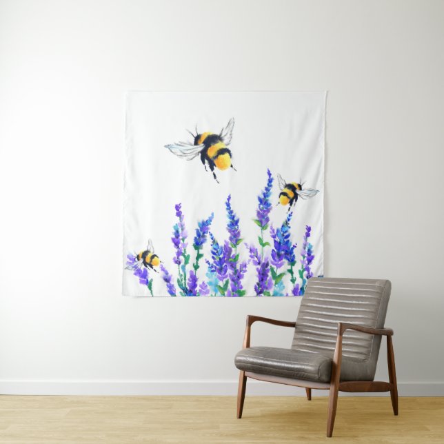 Beautiful Spring Flowers and Bees Flying - Drawing Tapestry (In Situ)