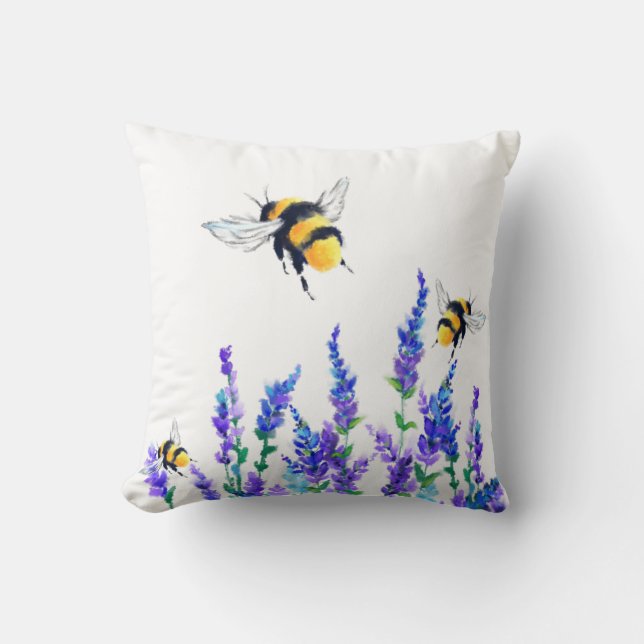 Beautiful Spring Flowers and Bees Flying - Drawing Throw Pillow (Front)