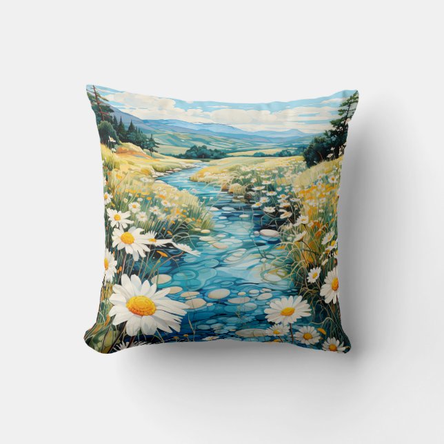 Beautiful Spring Meadow Illustration Throw Pillow (Front)