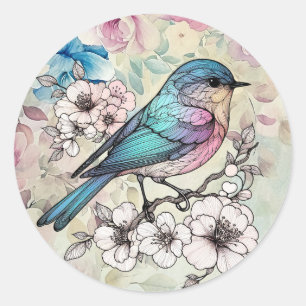 Beautiful Spring  Watercolor Floral Bird Classic Round Sticker