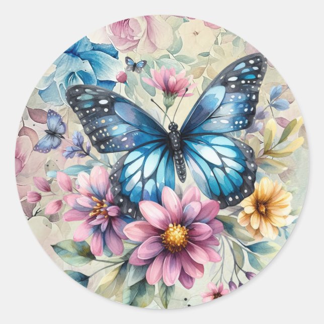 Beautiful Spring Watercolor Floral Butterfly Classic Round Sticker (Front)