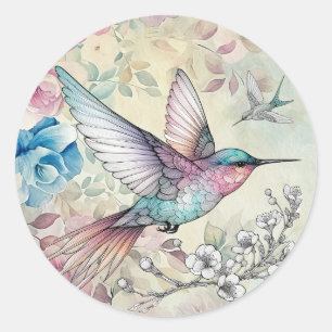 Beautiful Spring Watercolor Floral Hummingbird Classic Round Sticker