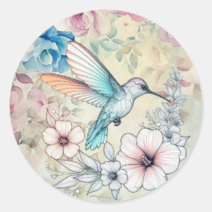 Beautiful Spring  Watercolor Floral Hummingbird Classic Round Sticker