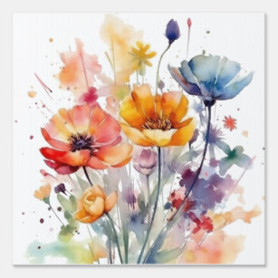 Beautiful spring wild flowers colourful watercolor garden sign