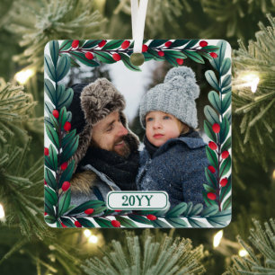 Beautiful Square Christmas Wreath Add Photo & Year Metal Ornament