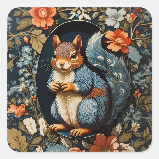 Beautiful Squirrel William Morris Inspired Square Sticker (Front)