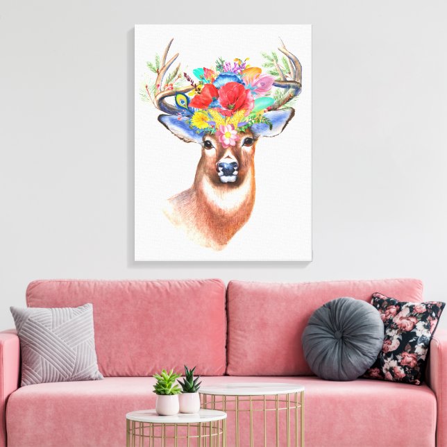 Beautiful Stag with Multi-Coloured Flowers Canvas Print (Insitu(LivingRoom))