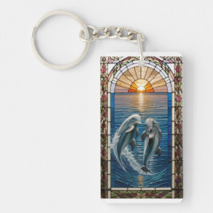 Beautiful Stained Glass Art With Jumping Dolphins Keychain
