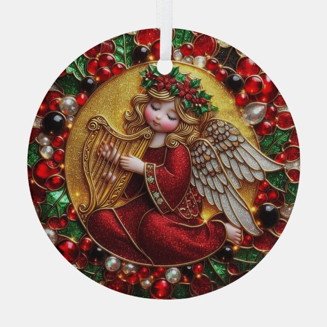 Beautiful Stained Glass Christmas Angel  Glass Ornament (Back)