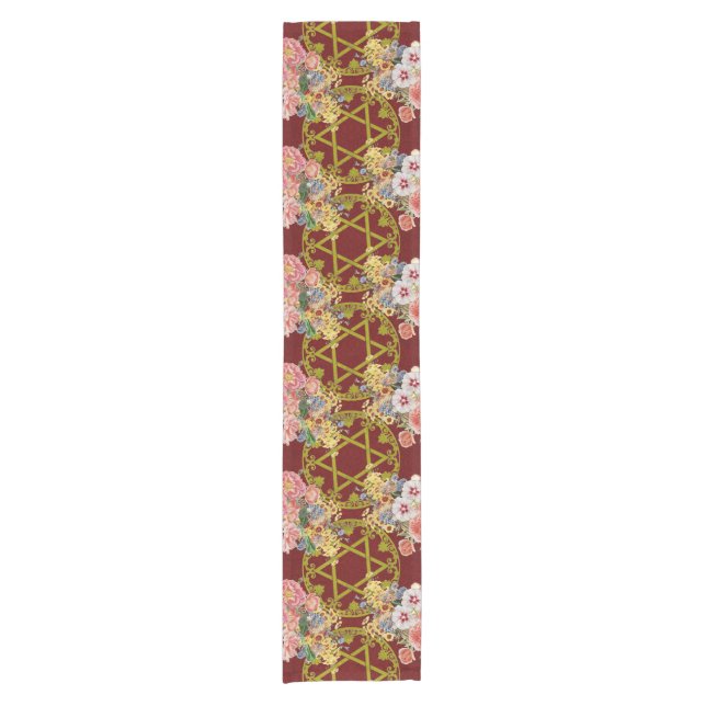 Beautiful Star of David with flowers on maroon Short Table Runner (Front)