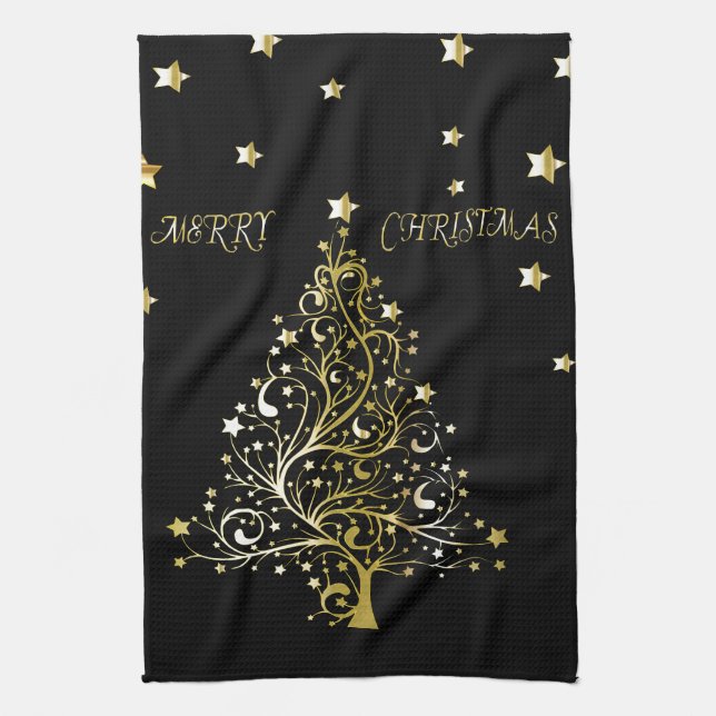 Beautiful starry metallic gold Christmas tree Kitchen Towel (Vertical)