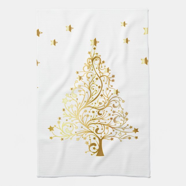 Beautiful starry metallic gold Christmas tree Kitchen Towel (Vertical)