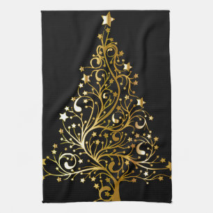 Beautiful starry metallic gold Christmas tree Kitchen Towel