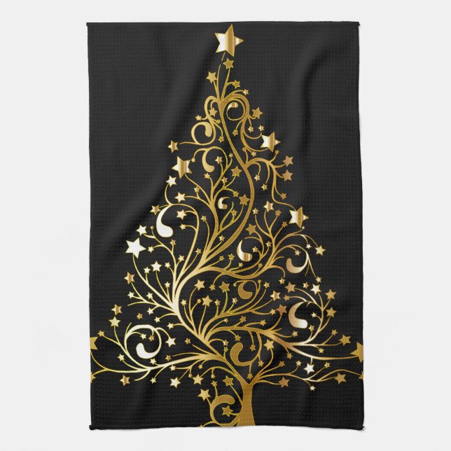 Beautiful starry metallic gold Christmas tree Kitchen Towel (Vertical)