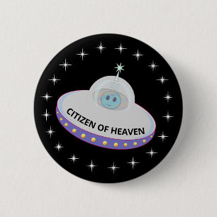 Beautiful stars, flying saucer & alien cartoon 2 inch round button