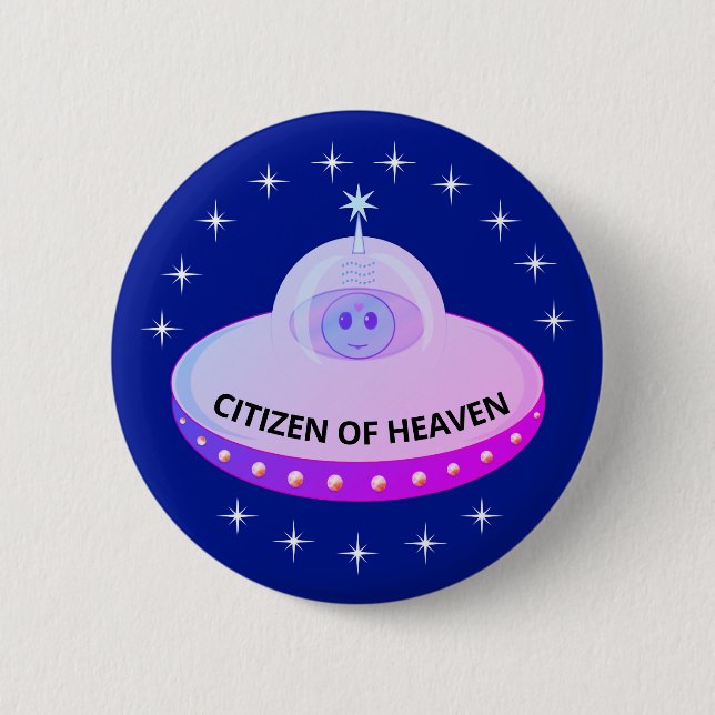 Beautiful stars, flying saucer & alien cartoon 2 inch round button (Front)