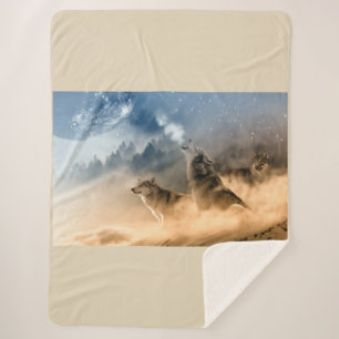 Beautiful Stars Foggy Night Wolfs Howl Sherpa Blanket