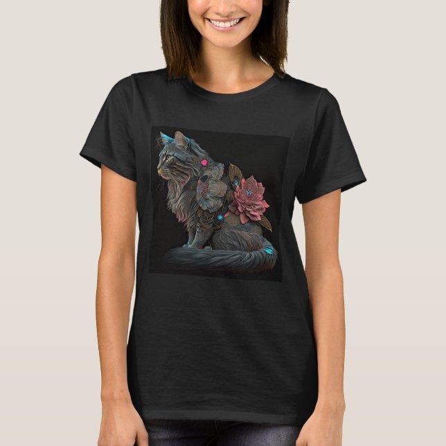 Beautiful steampunk cat with pink flowers T-Shirt (Front)