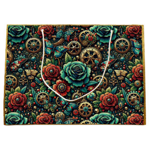 Beautiful Steampunk Themed Gears and Roses  Large Gift Bag