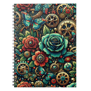 Beautiful Steampunk Themed Gears and Roses Notebook