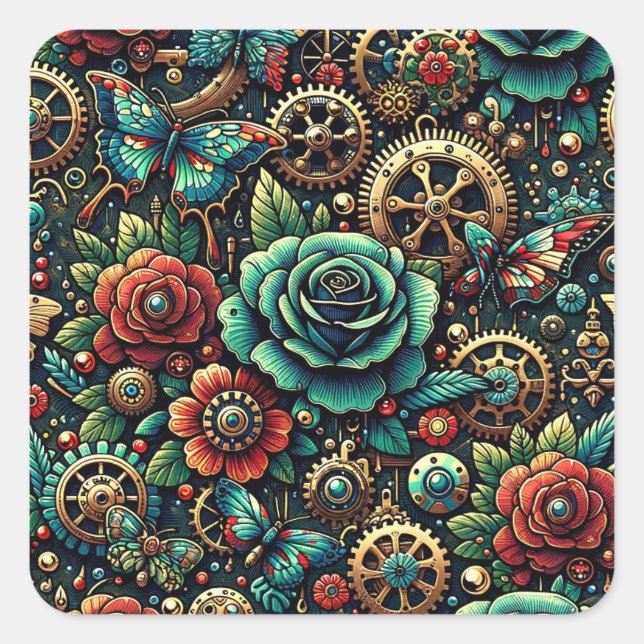 Beautiful Steampunk Themed Gears and Roses   Square Sticker (Front)