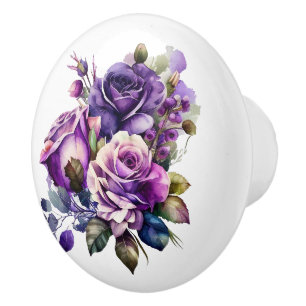 Beautiful Stems of Purple Roses Ceramic Knob