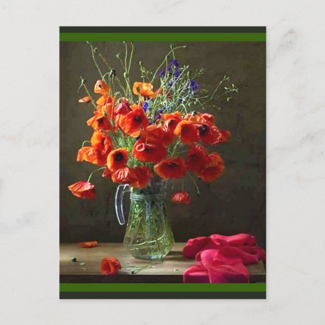 Beautiful Still Life Pitcher of Red Flowers Postcard (Front)