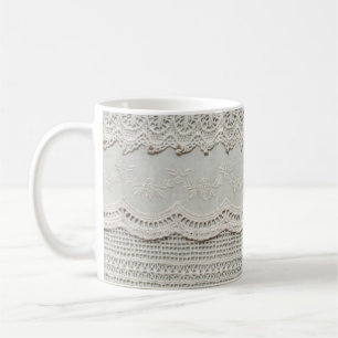 Beautiful, subtle, white laced textile close up.  coffee mug