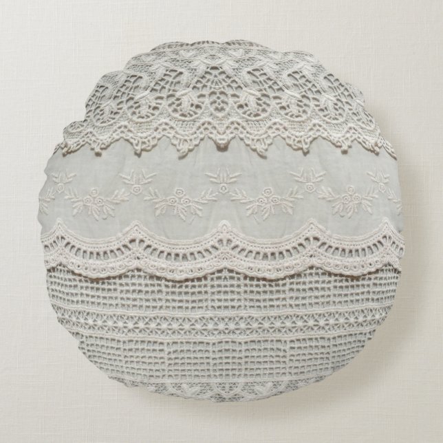 Beautiful, subtle, white laced textile close up.  round pillow (Front)