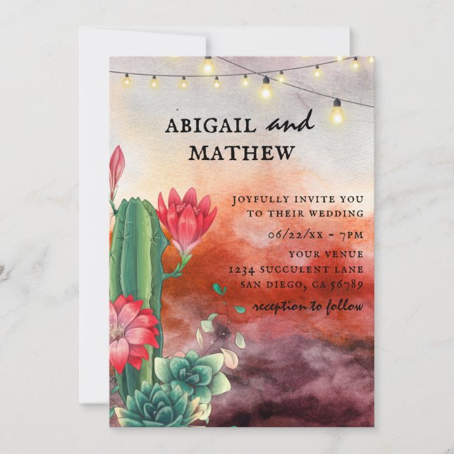 Beautiful Succulent Cactus Burnt Orange Wedding Invitation (Front)