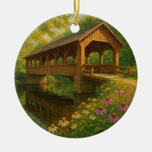 Beautiful summer covered bridge art ceramic ornament (Front)