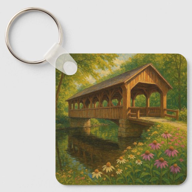 Beautiful summer covered bridge art keychain (Front)