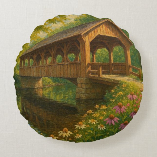 Beautiful summer covered bridge art round pillow (Front)