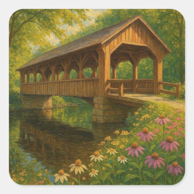 Beautiful summer covered bridge art square sticker (Front)