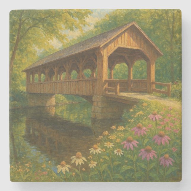 Beautiful summer covered bridge art stone coaster (Front)