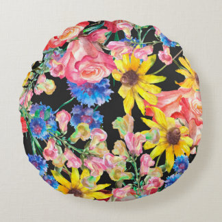 Beautiful Summer flowers with roses. Floral seamle Round Pillow
