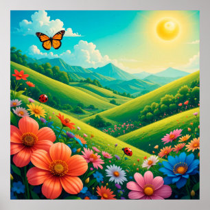 Beautiful Summer Landscape With Colourful Flowers Poster