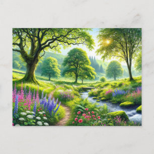 Beautiful Summer Landscape with River and Flowers Postcard