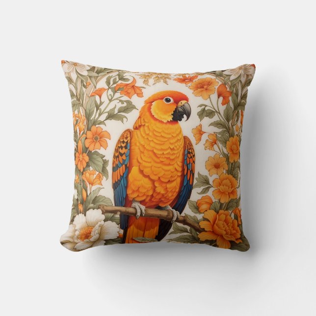 Beautiful Sun Conure William Morris Inspired Throw Pillow (Front)