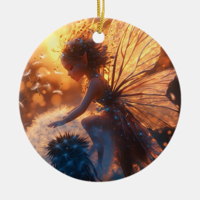 Beautiful Sun Fairy with Dandelion Ceramic Ornament (Front)