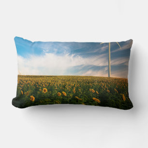 beautiful sun flowers field with cloudy blue sky a lumbar pillow