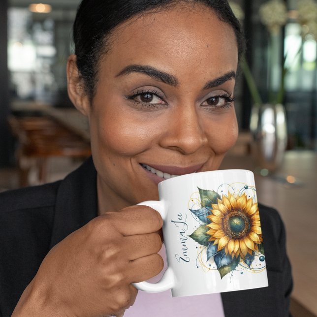 Beautiful Sunflower and Denim Monogrammed  Coffee Mug (Creator Uploaded)
