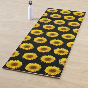 Beautiful sunflower pattern on black yoga mat